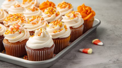 A tray of mini cupcakes topped with candy corns and Halloween sprinkles, arranged on a festive platter, high-resolution photo, realistic photo