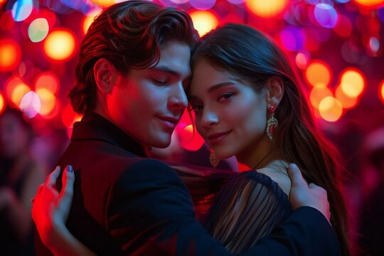 Couples dancing traditional Latin Argentinian dance milonga in the ballroom tango salsa bachata kizomba lesson in the red and purple lights at a dance festival