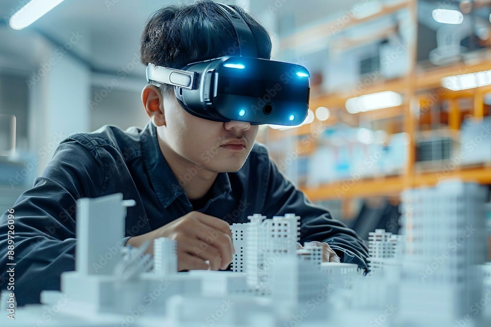 Aufkleber an asian man architect wearing a vr headset while working on a futuristic 3d architectural building 