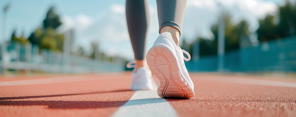 A close-up shot of a person walking on a running track