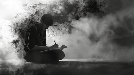 Client writing creatively, expressing emotions and finding release, upper third copy space