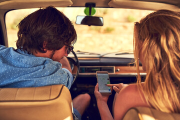 Mobile app, couple or map on holiday in road trip for destination, location search or navigation to...