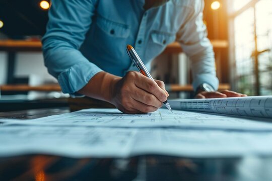 The photo idea is to capture a worker, architect, and engineer collaborating on a real estate construction project, using cartography and cadastral maps to guide the development of a city.