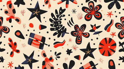 Flat Recycled Paper Seamless Pattern with Vintage Style Graphics and Decorative Elements for Print and Wrapping