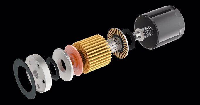 Parts of car oil filter, disassembled car oil filter, animation seamlessly loopable. 3D rendering isolated on transparent background