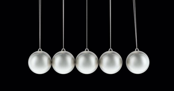 Animation of Newtons Cradle, pendulum in motion. Seamlessly loopable. 3D rendering isolated on transparent background