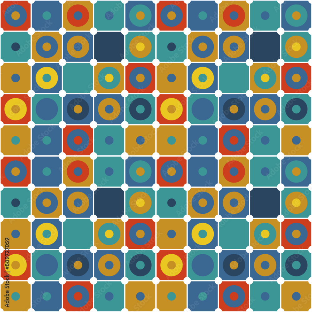 Poster Abstract tiles with circles of a different color inside, as well as an outline and circles at the intersections.