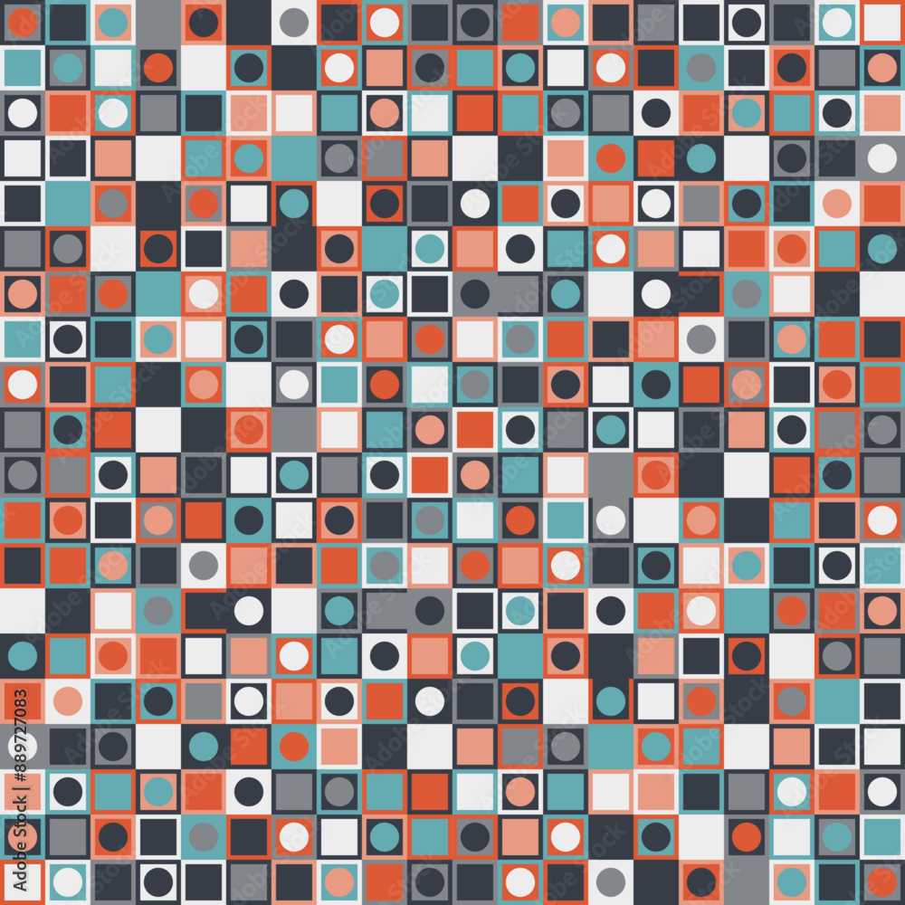 Poster Abstract tile with square and circles inside the cell. Vector pattern of square tiles.