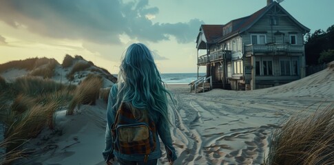 Woman With Blue Hair Walking on Sandy Beach Towards Old House at Sunset