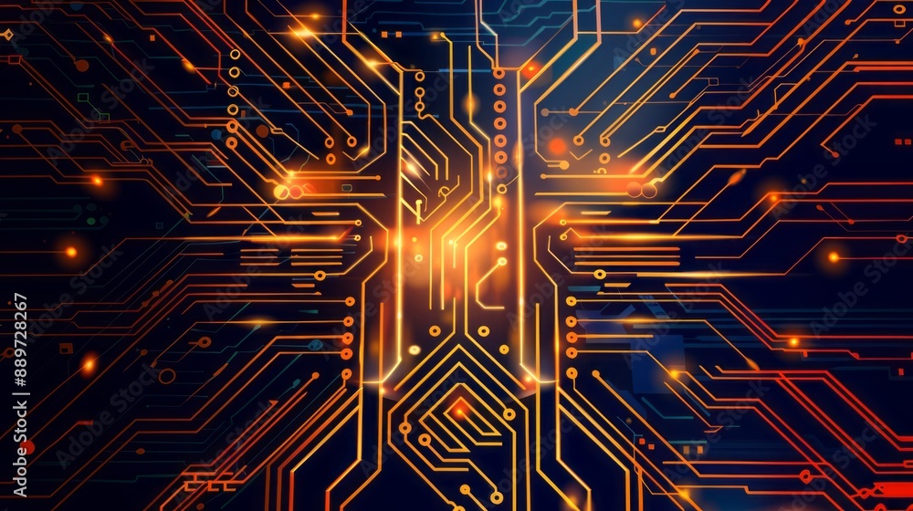 Poster abstract digital circuitry pattern with orange lines and glowing spots