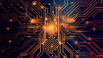 Abstract Digital Circuitry Pattern With Orange Lines and Glowing Spots