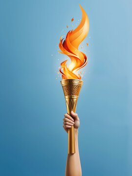 Brazo levantando la antorcha ol&iacute;mpica. Fondo azul. Juegos ol&iacute;mpicos. 