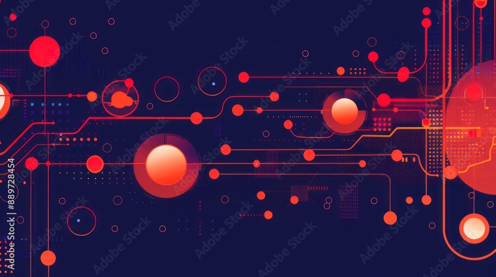 Poster abstract digital network with red circuitry and connected nodes