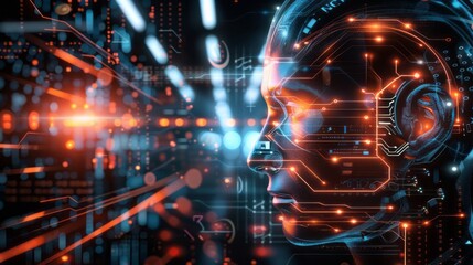 Obraz premium Digital Human Portrait With Circuitry and Data Flow