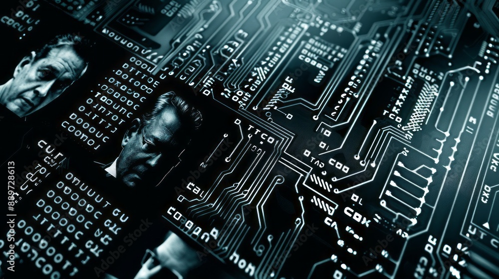 Poster close up of circuit board with overlapping images of men