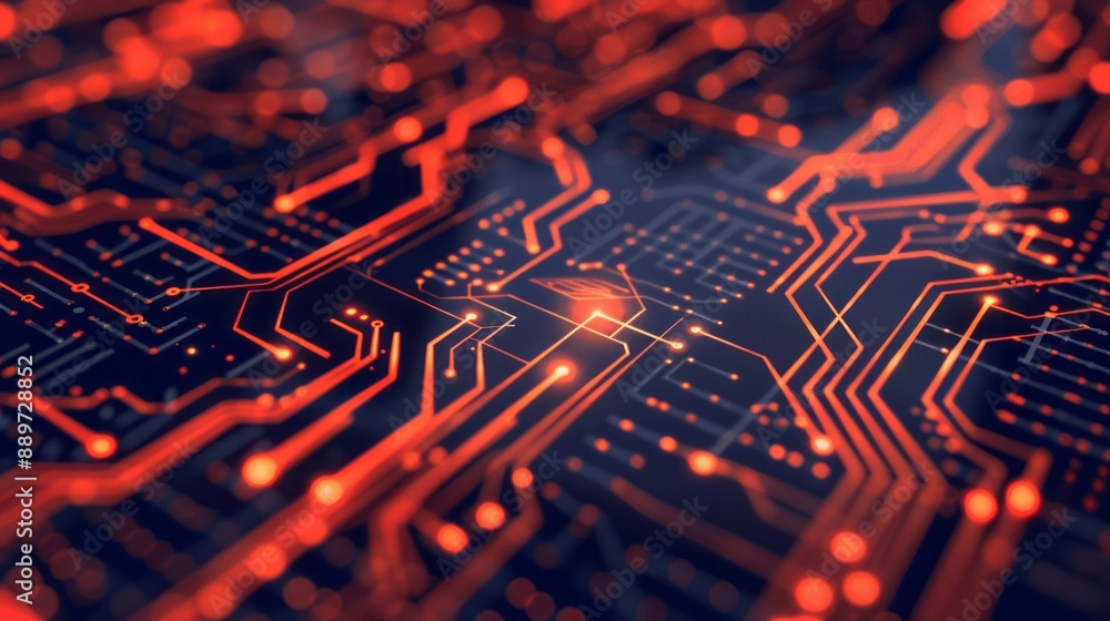Poster close up of red circuit board with glowing lines