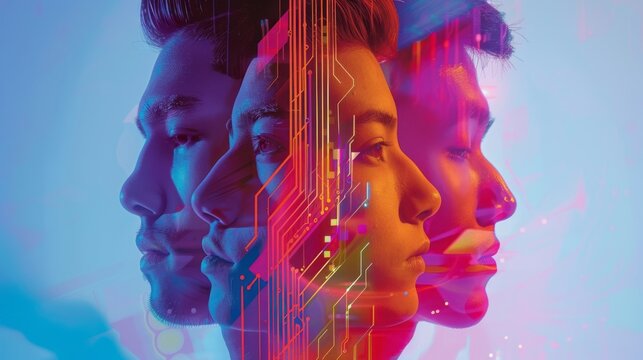 Three Male Faces Overlaid With Circuitry in Digital Art