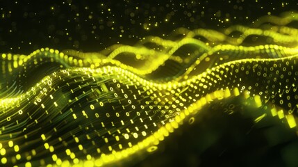 Abstract digital waves form from glowing binary code, creating a dynamic and futuristic background.