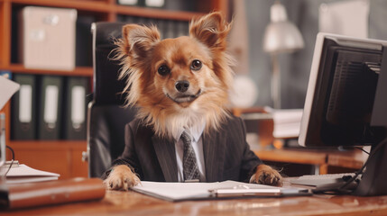 The family dog ​​working in the office, elegantly dressed in a suit and tie, deals with documents. This funny scene with a dog behind the boss's desk emphasizes that the office is pet-friendly.
