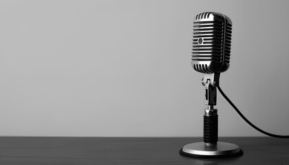Microphone on table against white background. Space for text