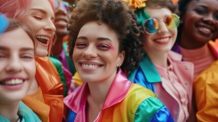 A group of people wearing colorful wigs and sunglasses, having fun together