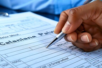 close-up photo of a person's hand filling out a weekly cleaning plan form with a pen.