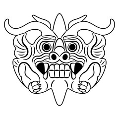 Chinese dragon mask. Ethnic Tang Dynasty design from ancient China. Fantastic mythological animal. Black and white linear silhouette.