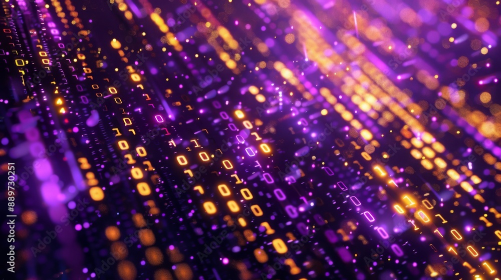 Aufkleber A close-up view of a digital binary code background, featuring glowing purple and orange lights that create a sense of movement and energy.