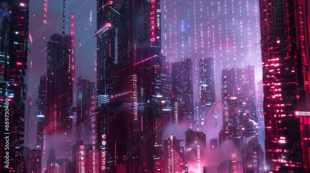Poster The image depicts a futuristic cityscape at night, with tall buildings lit up in vibrant pink and blue hues. Binary code streams down from the sky, creating a visually striking scene.