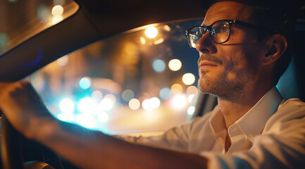 A man in his thirties driving an SUV, wearing glasses and holding the steering wheel with both hands  