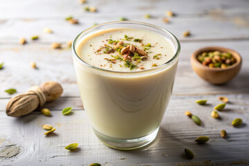 A refreshing glass of creamy lassi, garnished with a sprinkle of cardamom powder, sits solo on a pristine white background, tempting the senses.