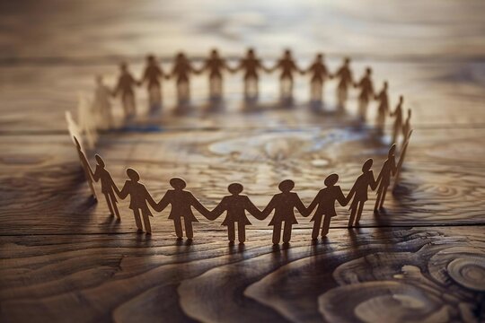 circle of paper cutouts representing people holding hands together on a wooden desk symbolizing partnership and togetherness.