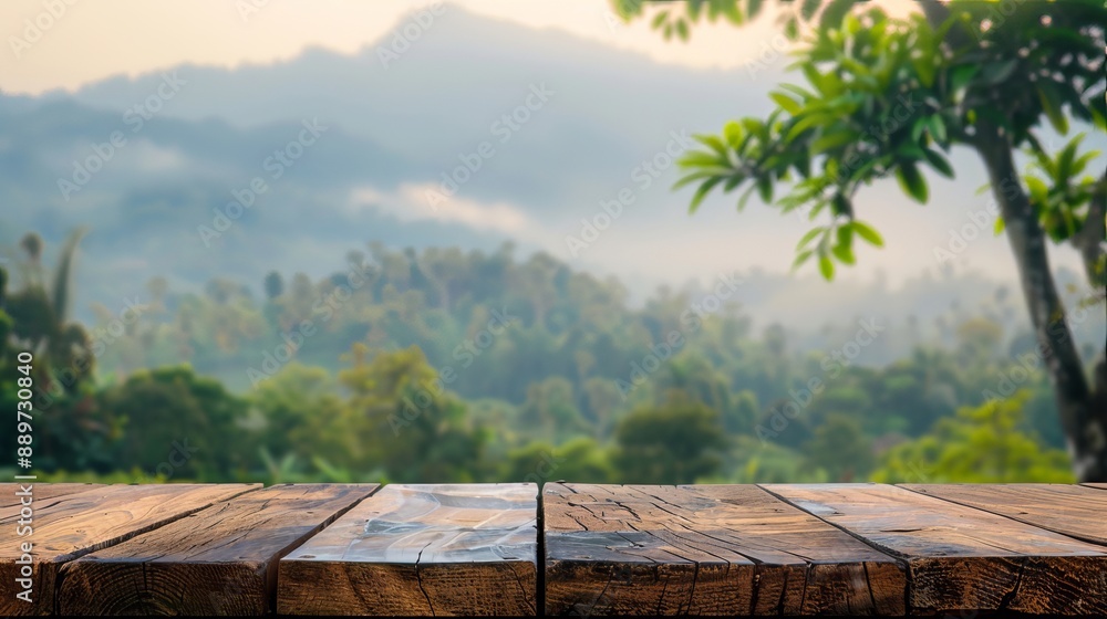 Poster empty wooden table with a view of mountains or a wooden desk with a natural plantation background fe