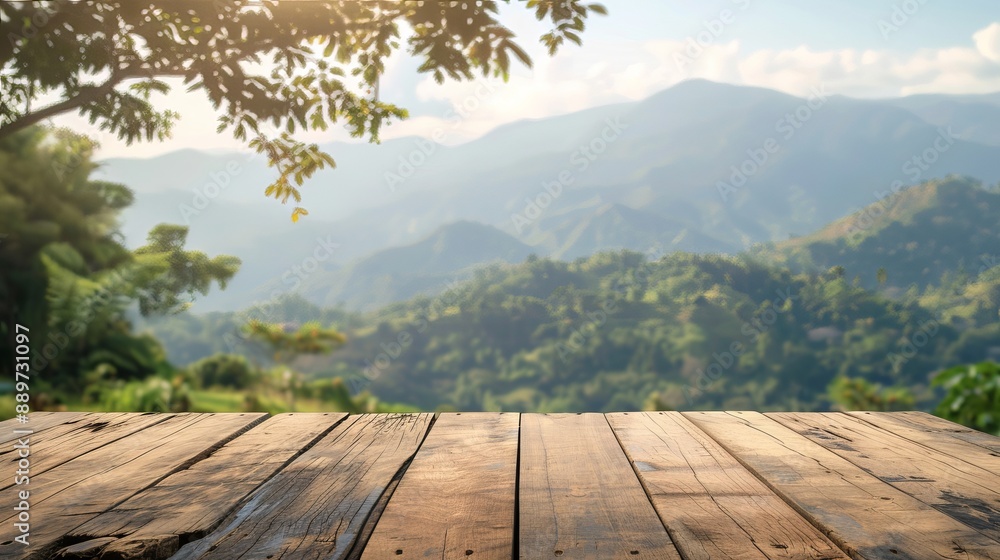 Poster empty wooden table with a view of mountains or a wooden desk with a natural plantation background fe