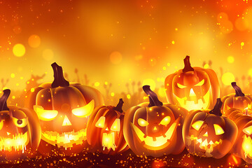 Generative Ai illustration. Halloween pumpkins with scary lanterns in the dark.