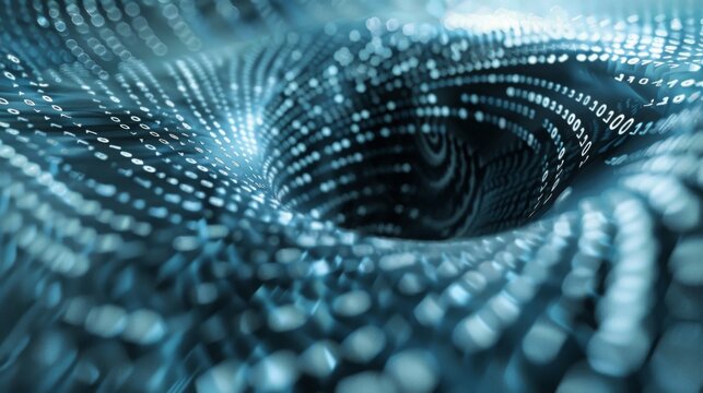 An abstract vortex of binary code in a digital space. The swirling code creates a sense of movement and depth.