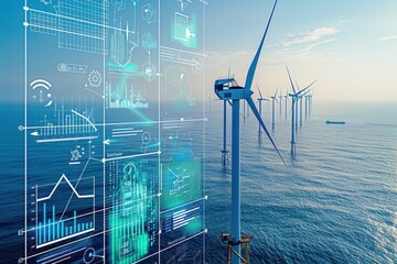 An aerial view of an expansive offshore wind farm with multiple turbines spinning in the breeze. Overlaid on the image are infographics and data showing the reduction of CO2 emissions