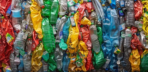 Fototapeta premium Colorful Plastic Water Bottles Close Up, Arranged in a Row, Brightly Lit, Recycling Awareness