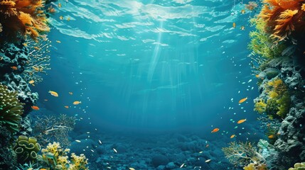 Fototapeta premium Sunlight filters through ocean water onto a vibrant coral reef. World Ocean Day.Ecological tourism.