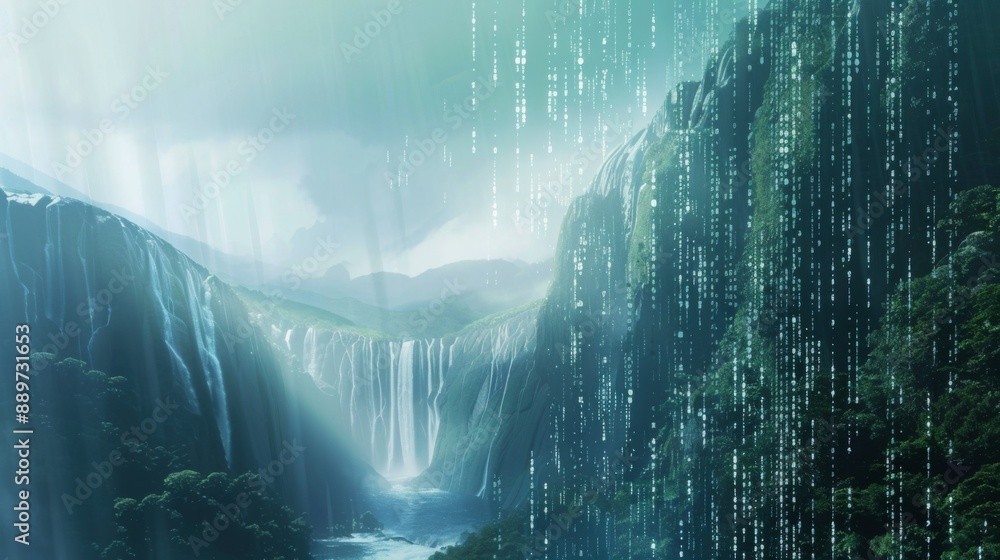Aufkleber a digital code waterfall flows through a lush green valley with multiple cascading waterfalls.