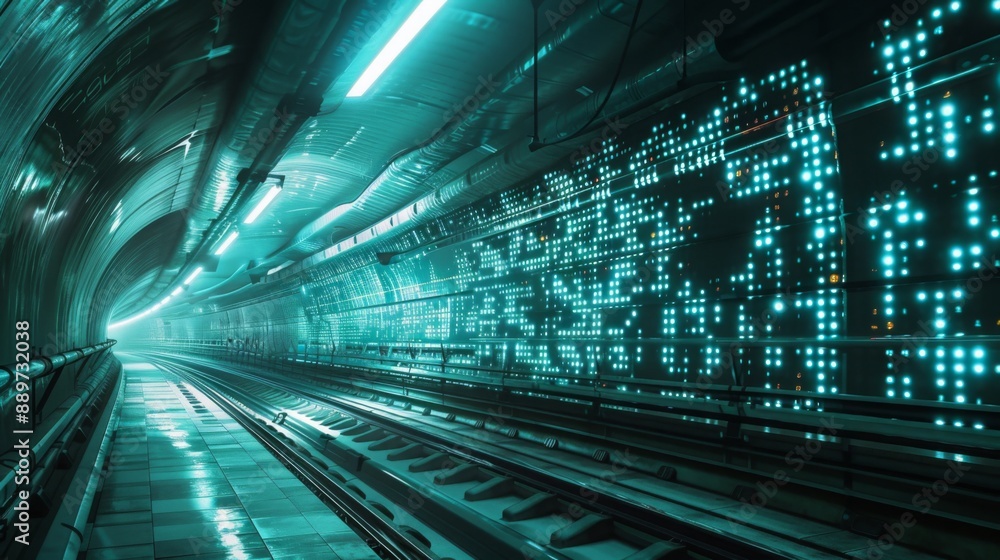 Aufkleber A long, curved subway tunnel is illuminated with a grid of lights on one side, while the tracks extend into the distance with a bright glow at the end of the tunnel.