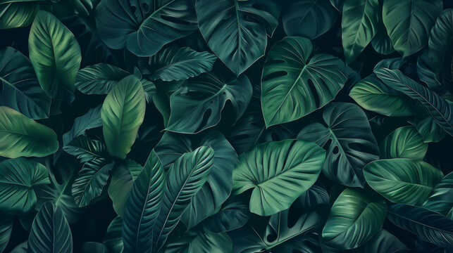 In a realistic nature background, green tropical palm leaves blend with the dark green foliage