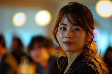 Obraz premium A Businesswoman Gazes Upward During a Presentation in a Modern Conference Room