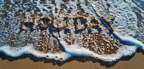 Holiday Word Written In Sand On Beach With Waves