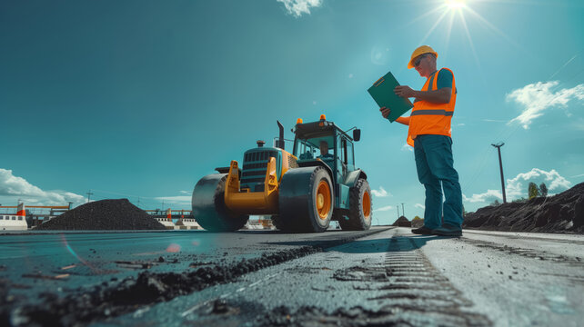 Construction Worker Reviews Road Roller on Sunny Day