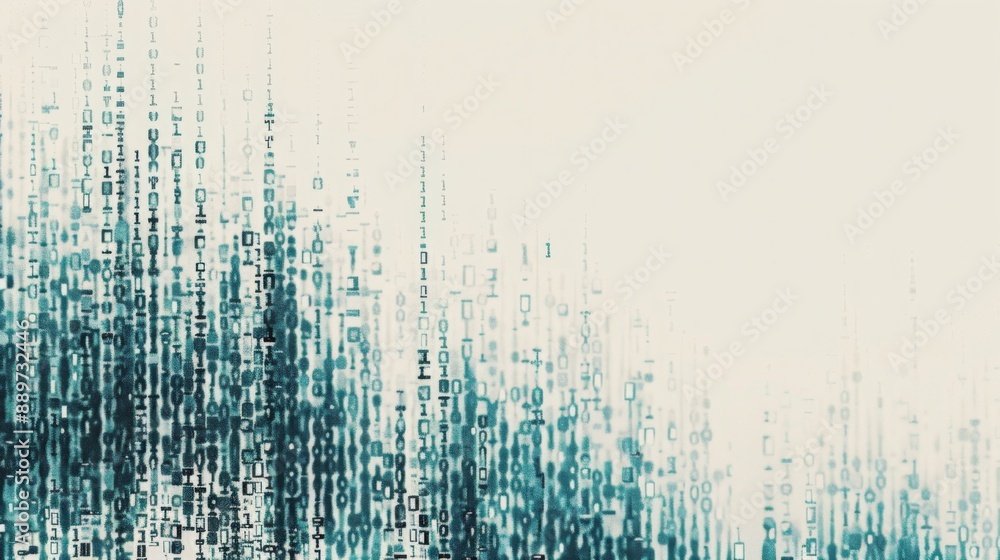 Poster a digital pattern of teal and white shapes and numbers against a white background.
