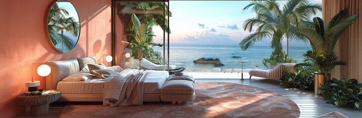 Pink Beachfront Bedroom With Ocean View and White Bedding