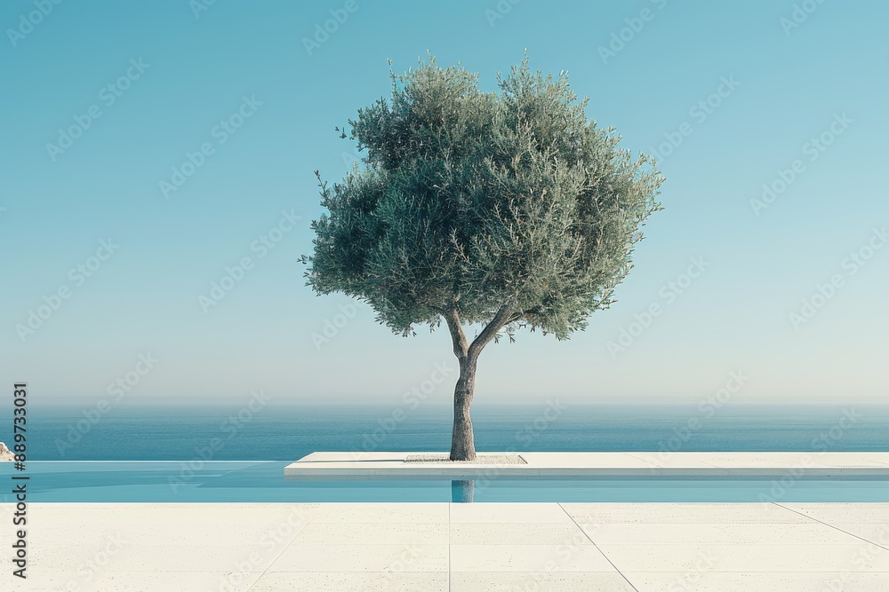 Poster solitary tree by an infinity pool with ocean view capturing the tranquility and elegance of a high e
