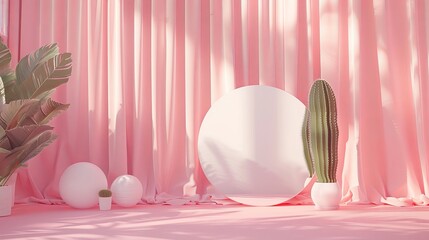 Pink backdrop with curtain, mirror, and cactus. Perfect for showcasing summer beauty products.