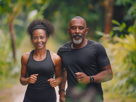 African-American middle age couple jogging, running, in park, healthy active lifestyle, copy space